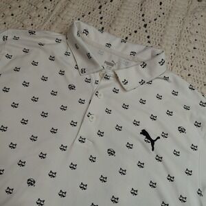 Puma Cloudspun Bandit AOP Polo Shirt‎ Mens L Raccoon Golf Humor White Preppy Fun